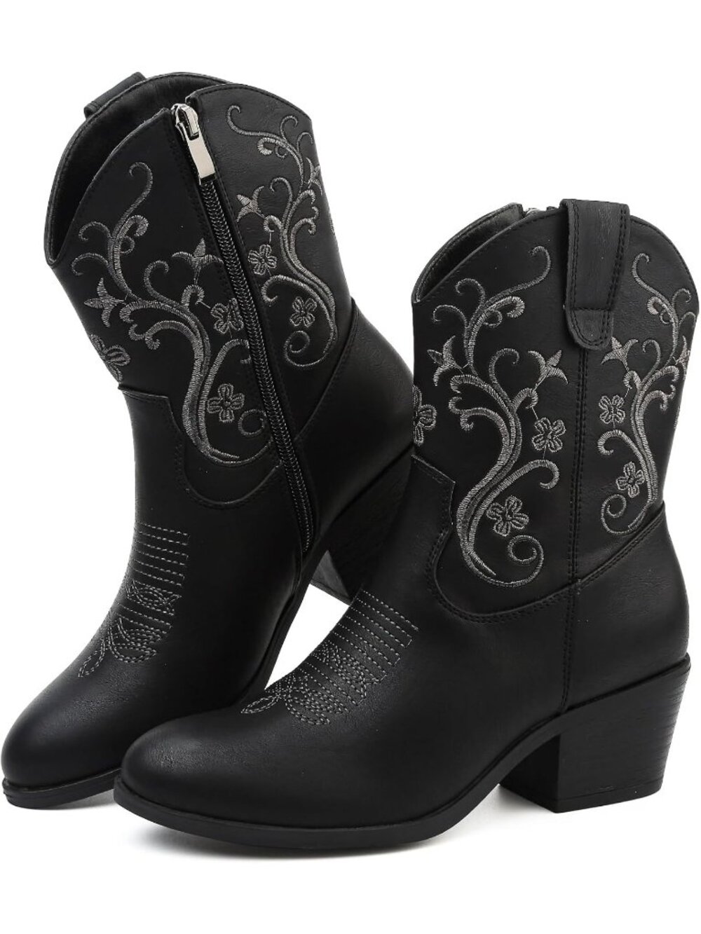 Women’s Western Short Cowgirl Ankle Boots Black with Embroidered Side Zipper